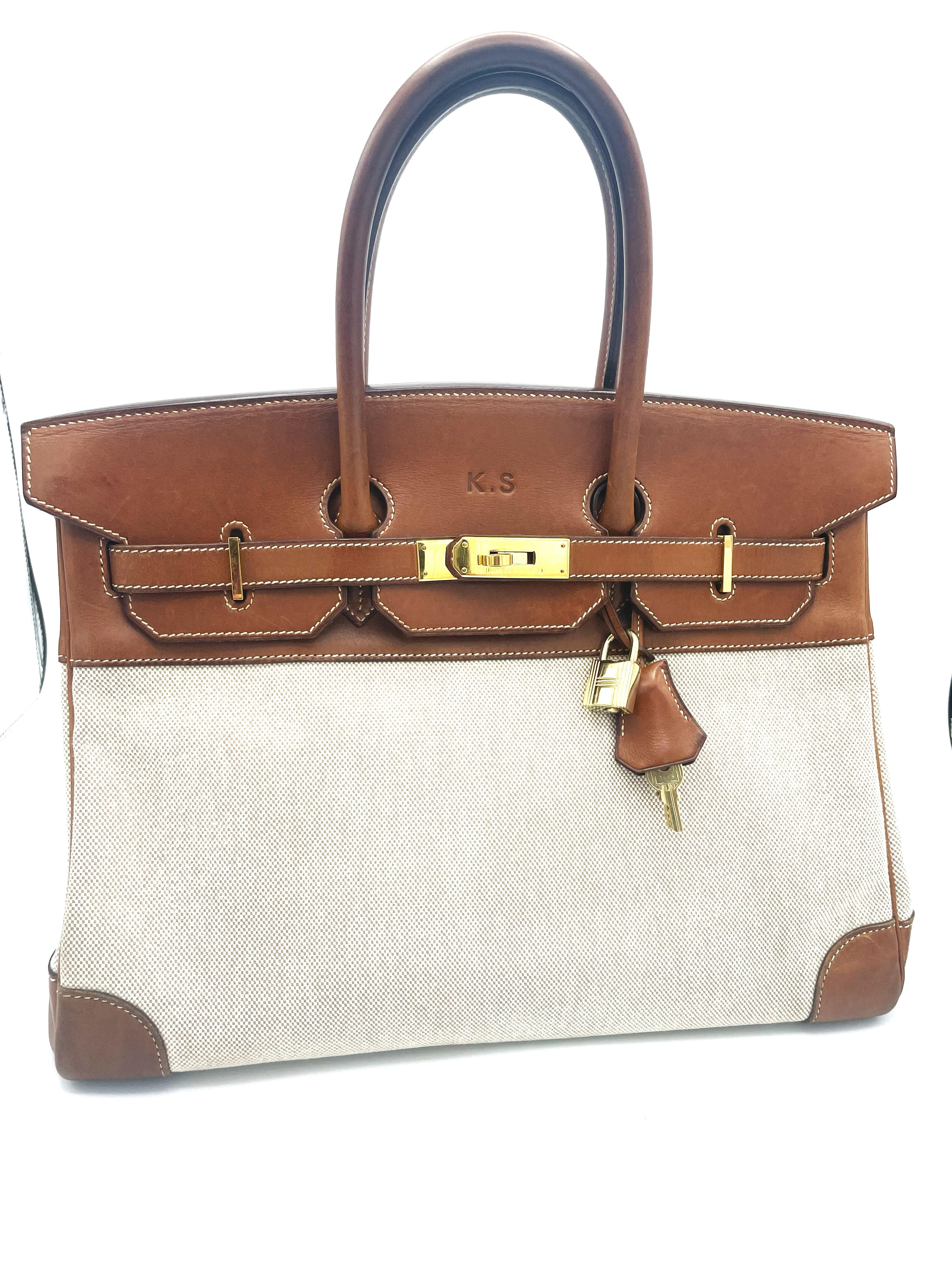 Beige HERMÉS BIRKIN BAG 35 cm, BARENIA LEATHER and CANVAS , Z in Circel - 1996 For Sale