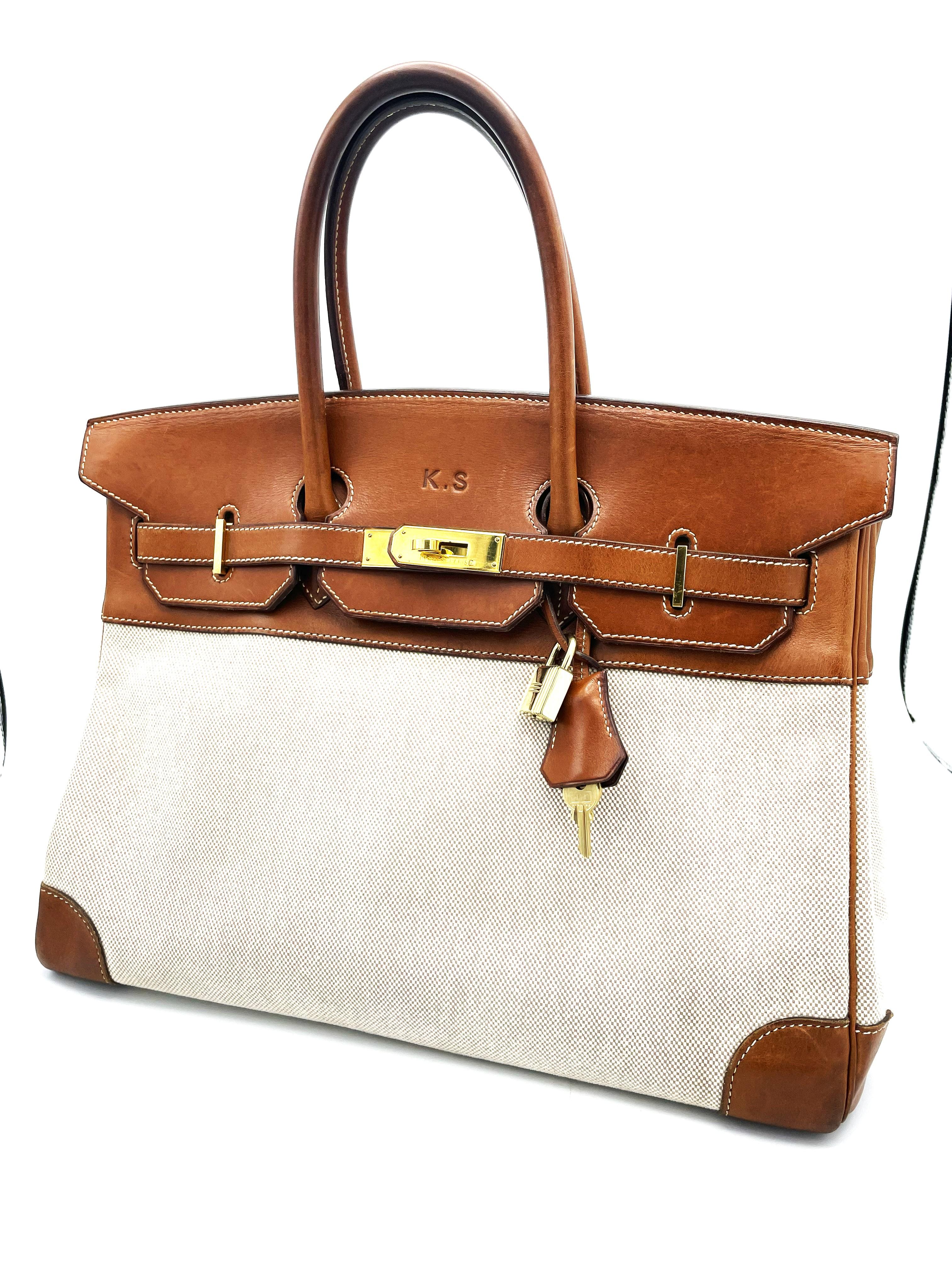 HERMÉS BIRKIN BAG 35 cm, BARENIA LEATHER and CANVAS , Z in Circel - 1996 For Sale 2