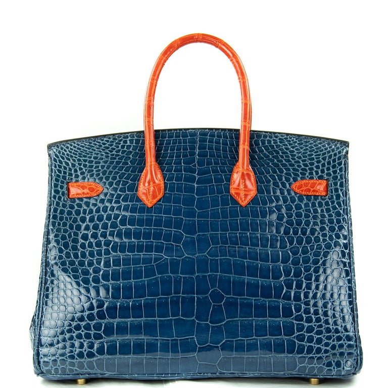 Hermes Birkin Bag 35cm Bi-Color Blue Abyss and Orange Porosus Crocodile ...