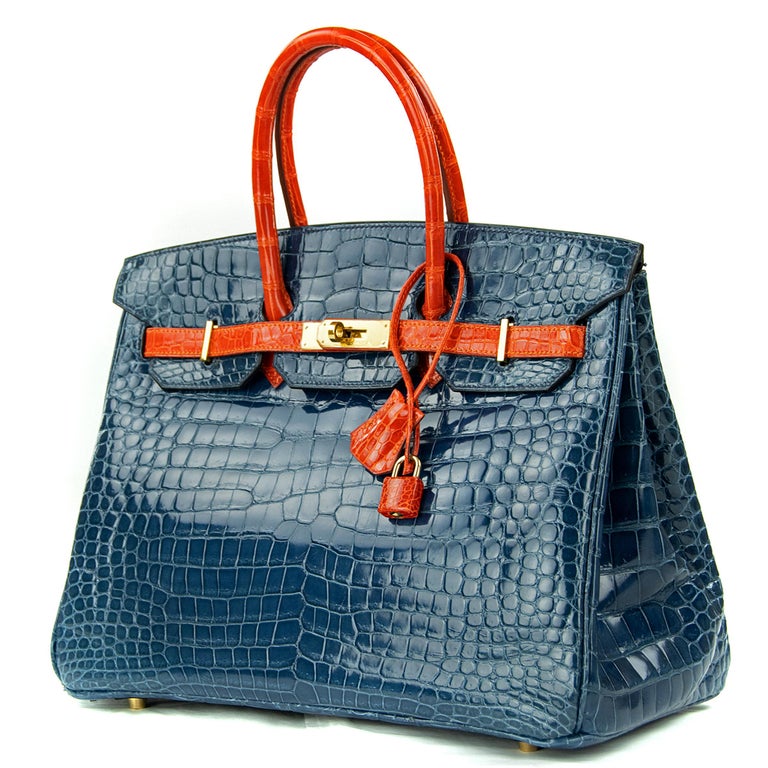 Hermes Birkin Bag 35cm Bi-Color Blue Abyss and Orange Porosus Crocodile GHW For Sale at 1stdibs