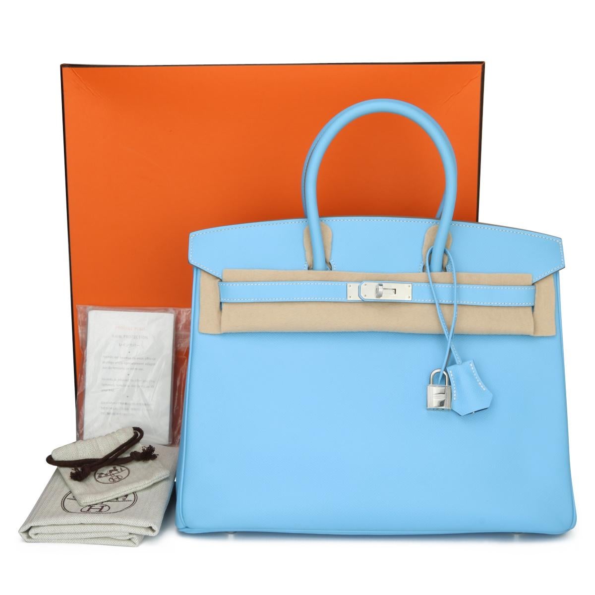 Authentic Hermès Birkin Bag 35cm Candy Collection Blue Celeste & Mykonos Epsom Leather with Palladium Hardware Stamp P_Year 2012.

This bag is still in a brand new condition. The leather still smells fresh as when new, along with it still holding to