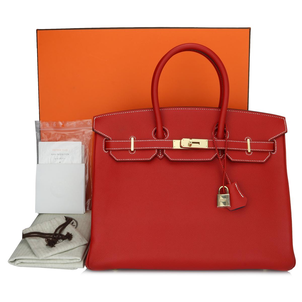 Authentic Hermès Birkin Bag 35cm Candy Rouge Casaque/Bleu Thalassa Epsom Leather with Champagne Gold Hardware Stamp P_Year 2012.

This bag is still in a brand new condition. The leather still smells fresh as when new, along with it still holding to