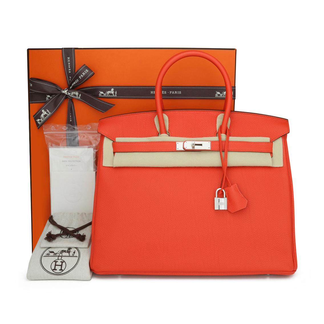 Hermès Birkin Bag 35cm Capucine Togo Leather with Palladium Hardware Stamp Q_Year 2013.

This bag is still in excellent condition. The leather still smells fresh, and it still retains its original shape. The hardware is still very shiny.

A truly