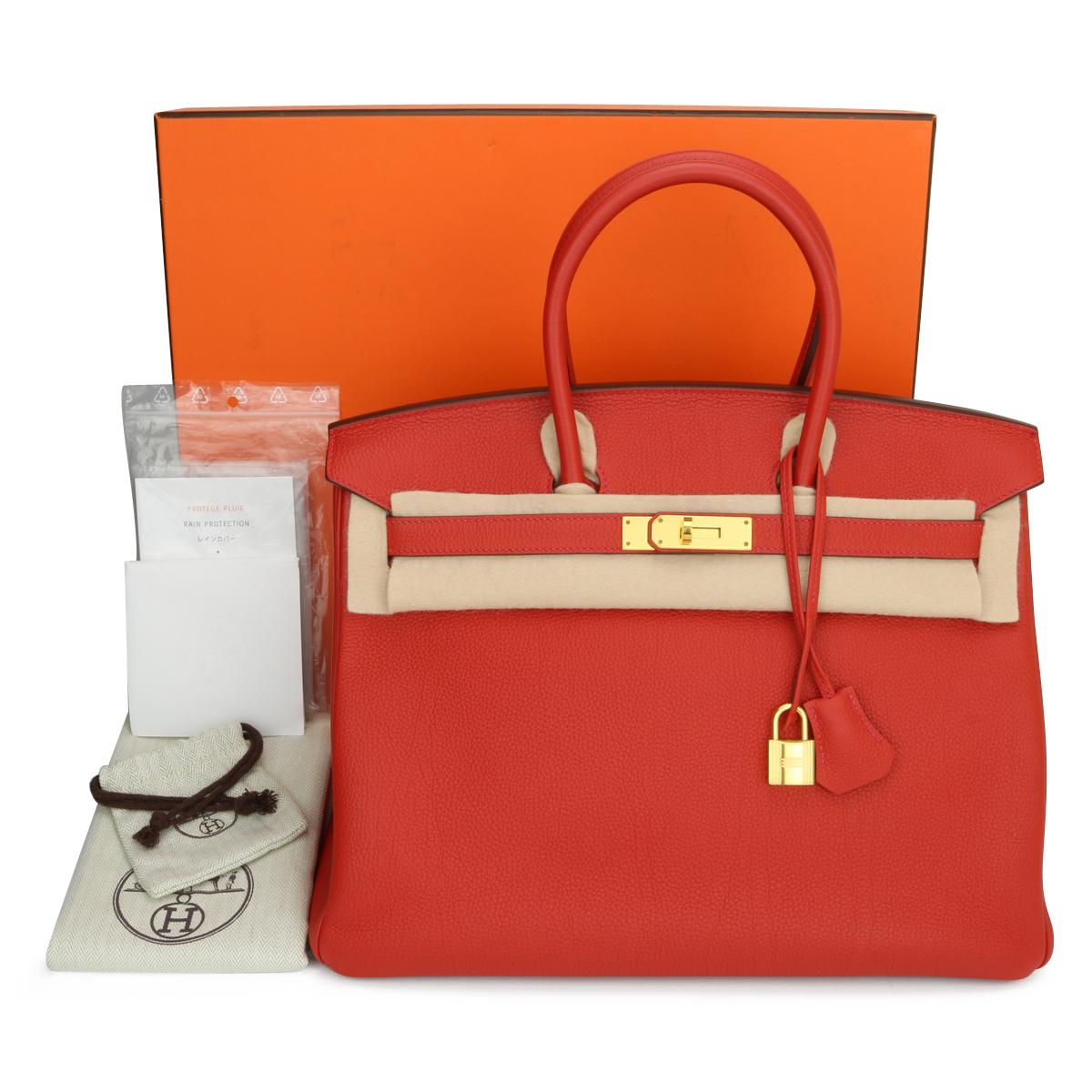 Hermès Birkin Bag 35cm Geranium Togo Leather with Gold Hardware Stamp A_Year 2017.

This bag is still in excellent condition. The leather still smells fresh as when new, and it still holds to the shape very well. The hardware is still very shiny and