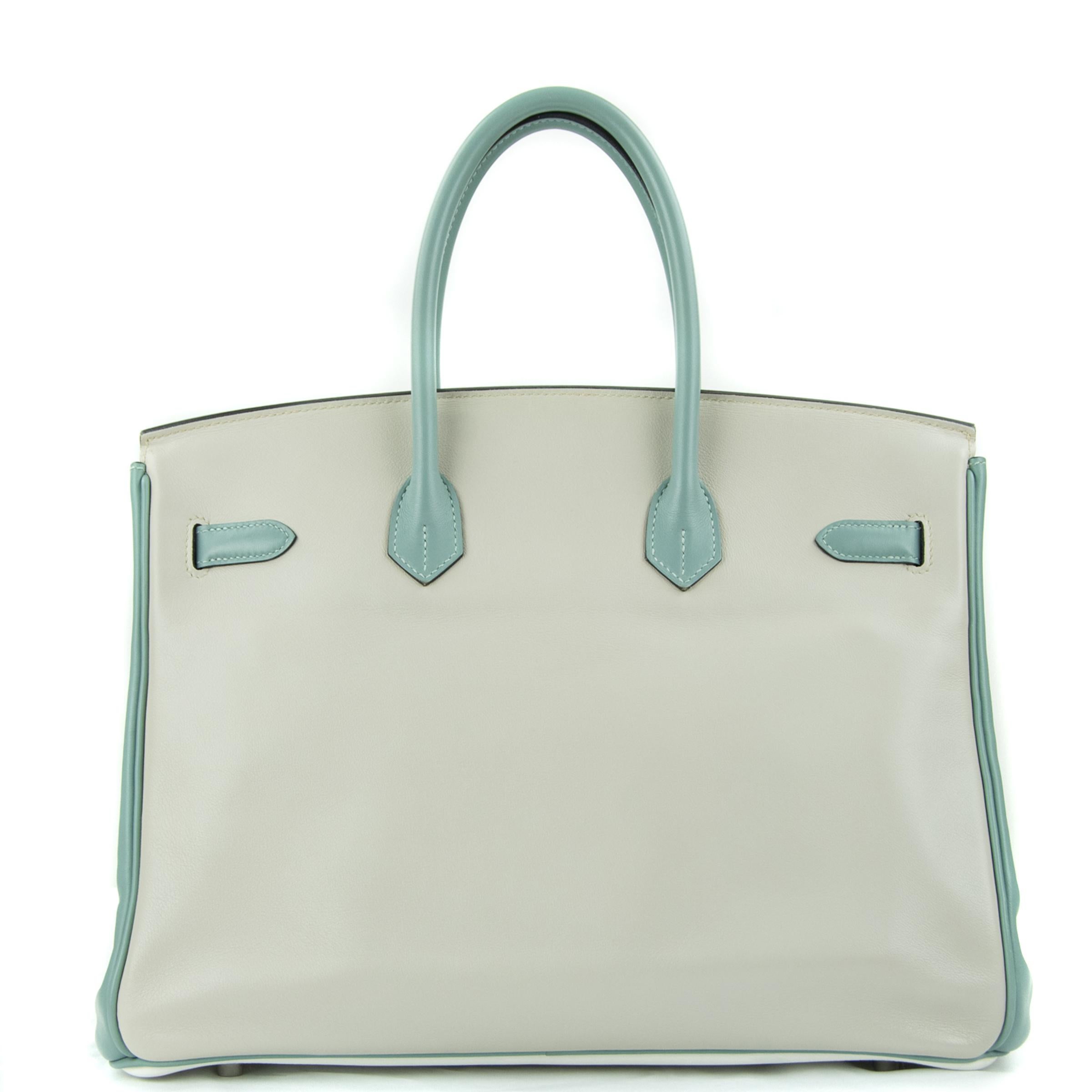 Hermes 35cm Birkin HSS Tri Color bag. This iconic special order Hermes Birkin bag is timeless and chic, in white, blue and craie. Fresh and crisp with brushed palladium hardware.

    Condition: Excellent, Previously Used
    Made in France
    Bag