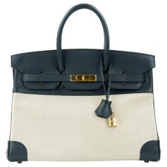 Hermes Birkin Bag 35cm Navy Toile GHW (Pre Owned)