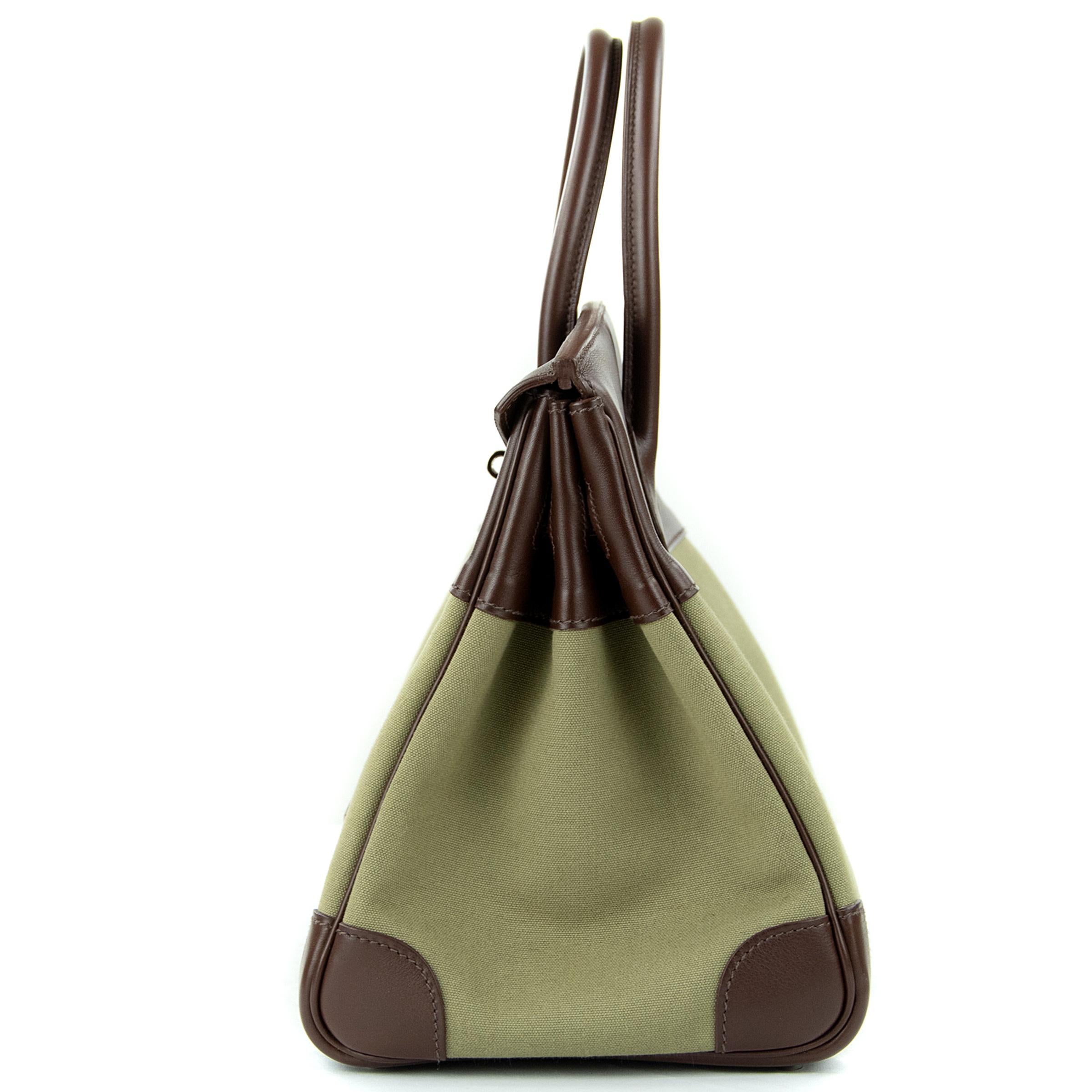 Hermes Birkin Bag 35cm Olive Toile Officier Canvas Chocolate PHW For Sale 1