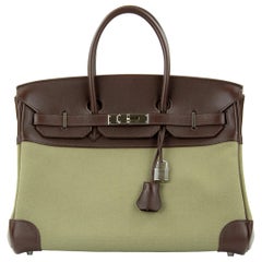 Hermes Birkin Bag 35cm Olive Toile Officier Canvas Chocolate PHW