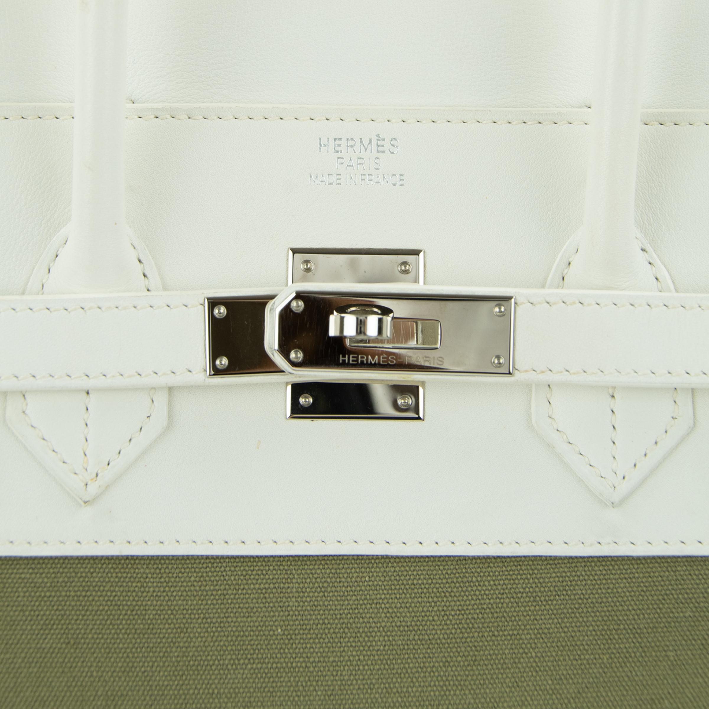 Hermes Birkin Bag 35cm Olive Toile Officier Canvas White Leather PHW (Pre Owned) For Sale 7