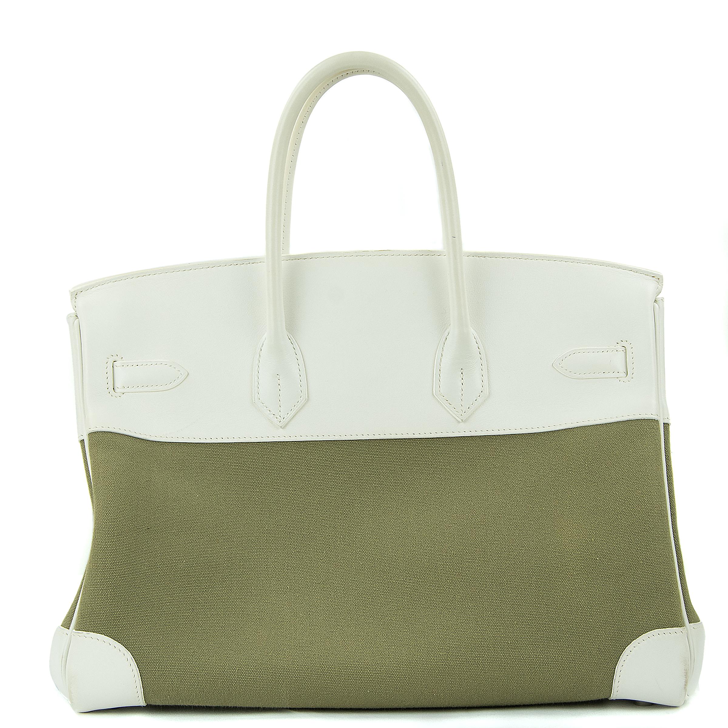 Hermes 35cm Birkin bag in Olive Matiere Toile Officier Canvas Couchevel White Leather. This iconic special order Hermes Birkin bag is timeless and chic. Fresh and crisp with palladium hardware.

    Condition: Excellent, Previously Used
    Made in