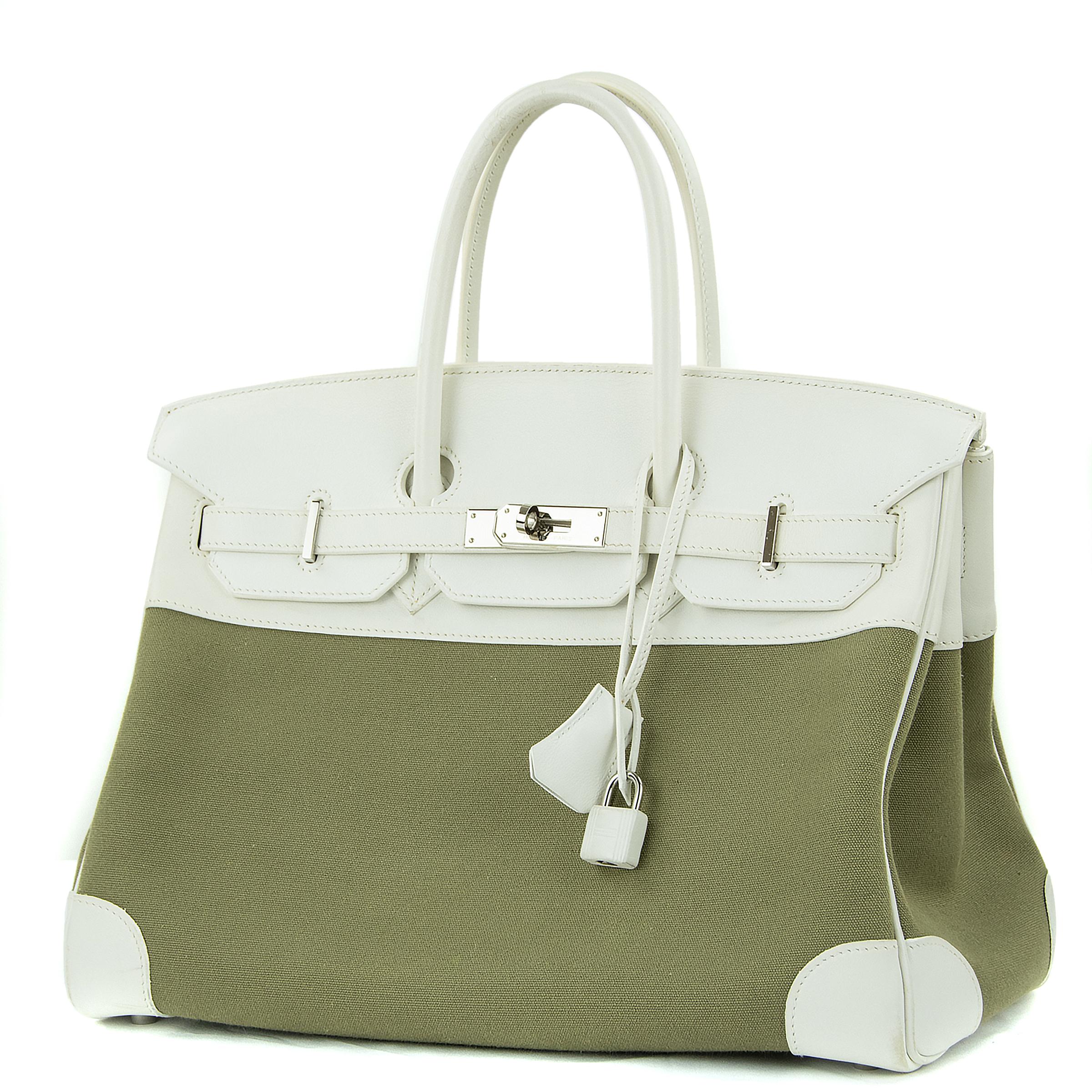 Brown Hermes Birkin Bag 35cm Olive Toile Officier Canvas White Leather PHW (Pre Owned) For Sale
