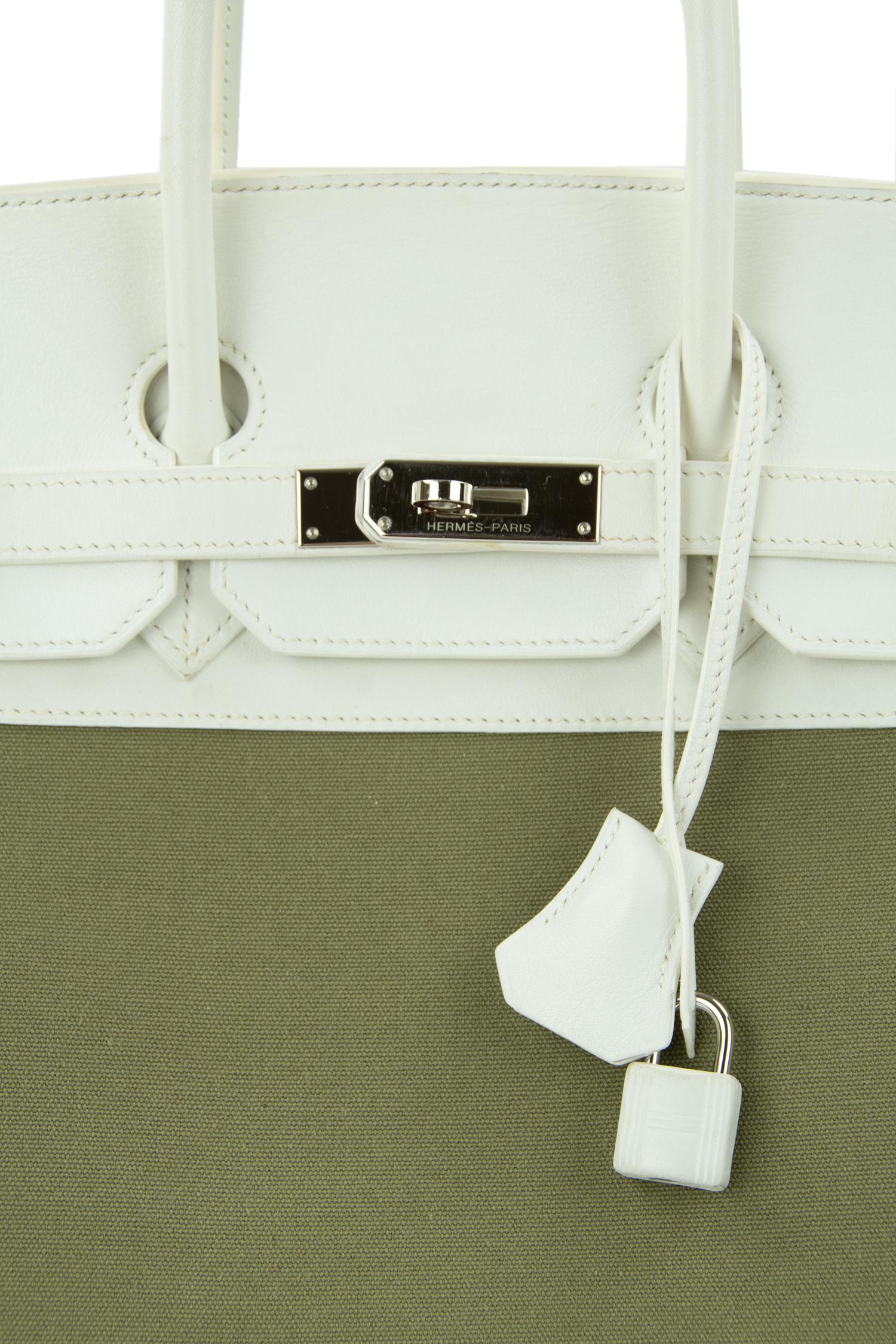 Hermes Birkin Bag 35cm Olive Toile Officier Canvas White Leather PHW (Pre Owned) For Sale 2