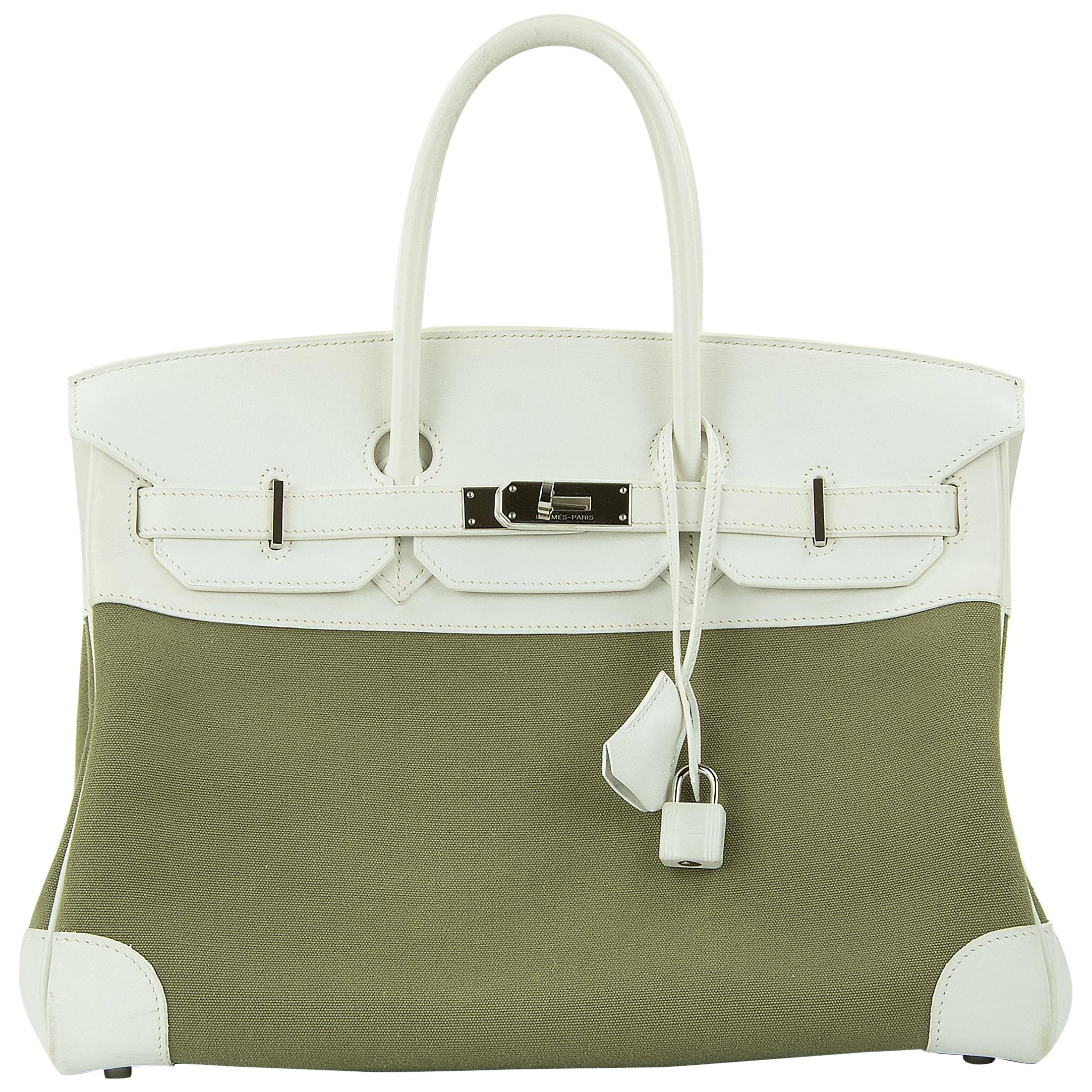 Hermes Birkin Bag 35cm Olive Toile Officier Canvas White Leather PHW (Pre Owned) For Sale