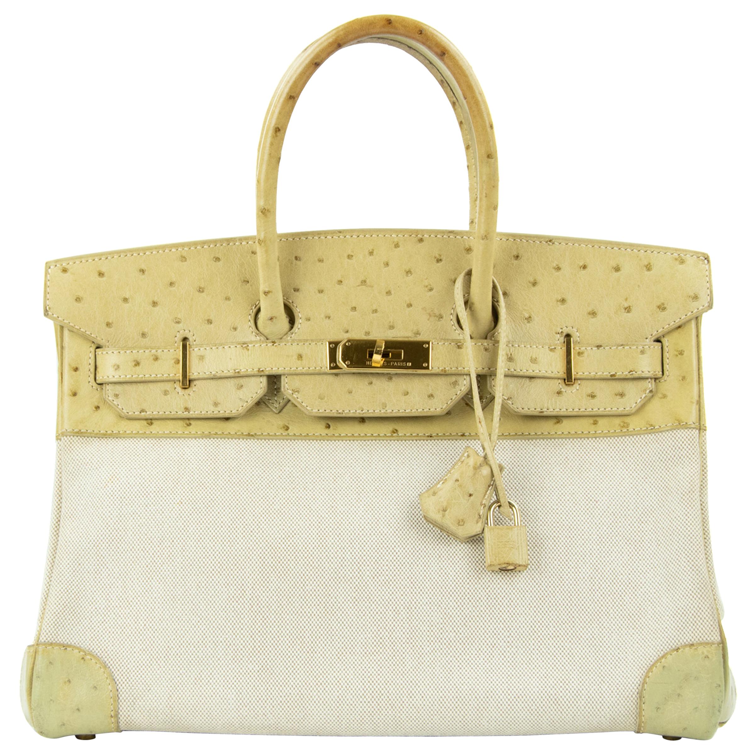 Hermes Birkin Bag 35cm Toile and Blanc Casse Ostrich GHW (Pre-Owned) im Angebot