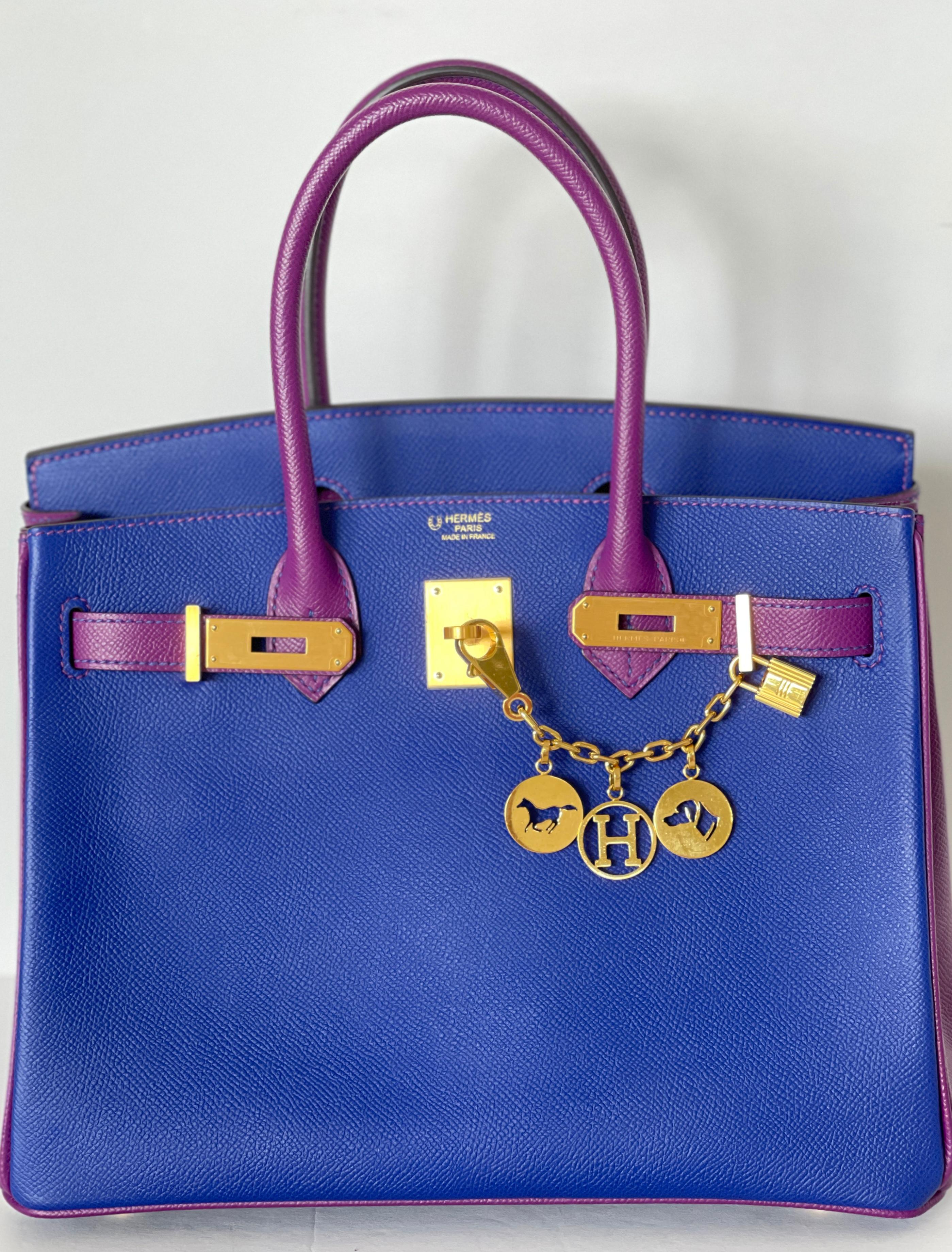 Hermes Birkin 30cm
VIP Special order Birkin 
Horseshoe Stamp
Anemone and Blue Electric
Contrasting stitching throughout
The front, back and bottom are done in Blue Electric
The sides, straps, and handles are done in Anemone
Inside is lined in