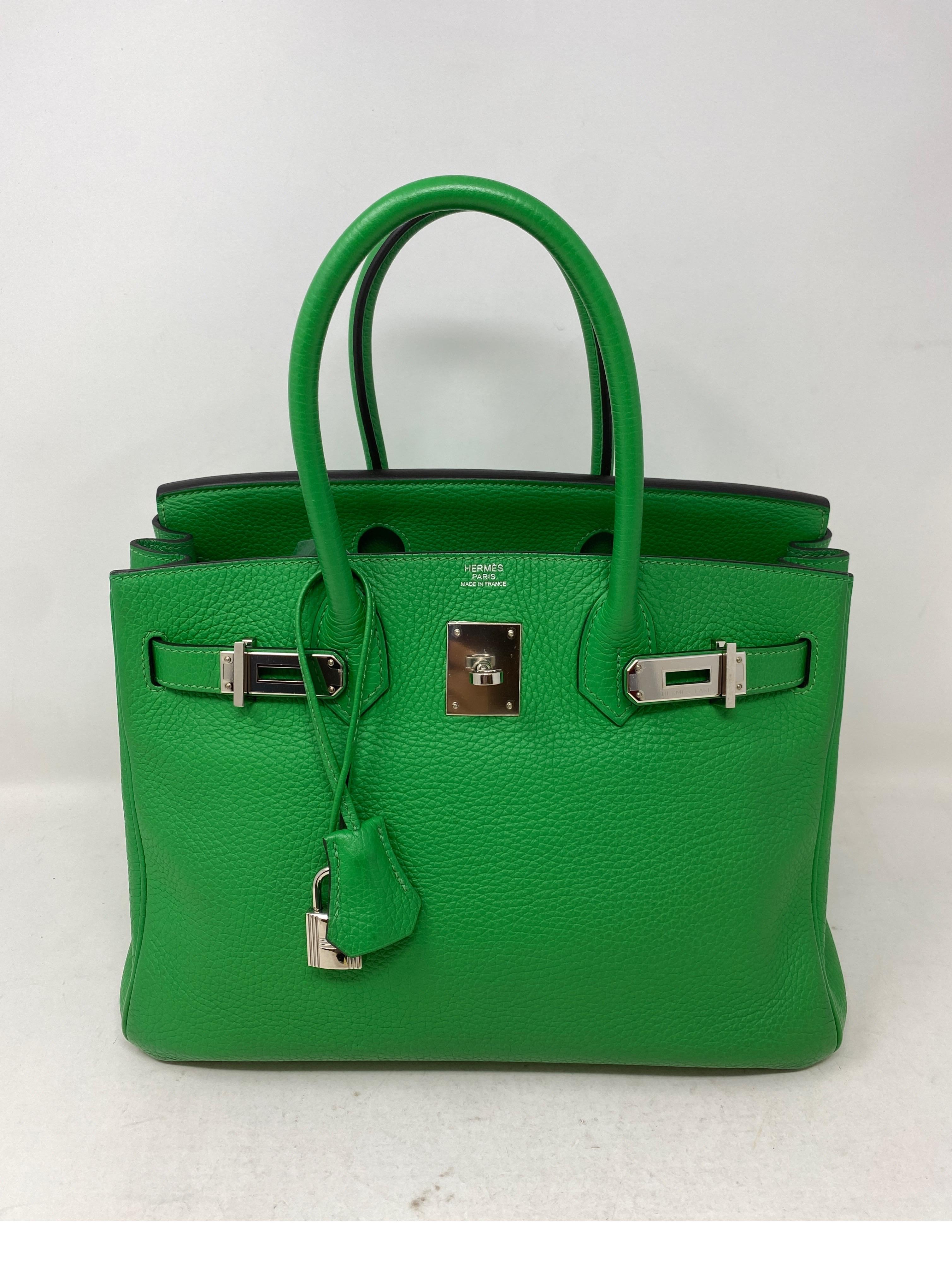 Hermes Bamboo Birkin 30 Bag. Gorgeous green color in clemence leather. Palladium hardware. Most desirable green color. Won't last long. Mint like new condition. Includes clochette, lock, keys, and dust cover. Guaranteed authentic. 