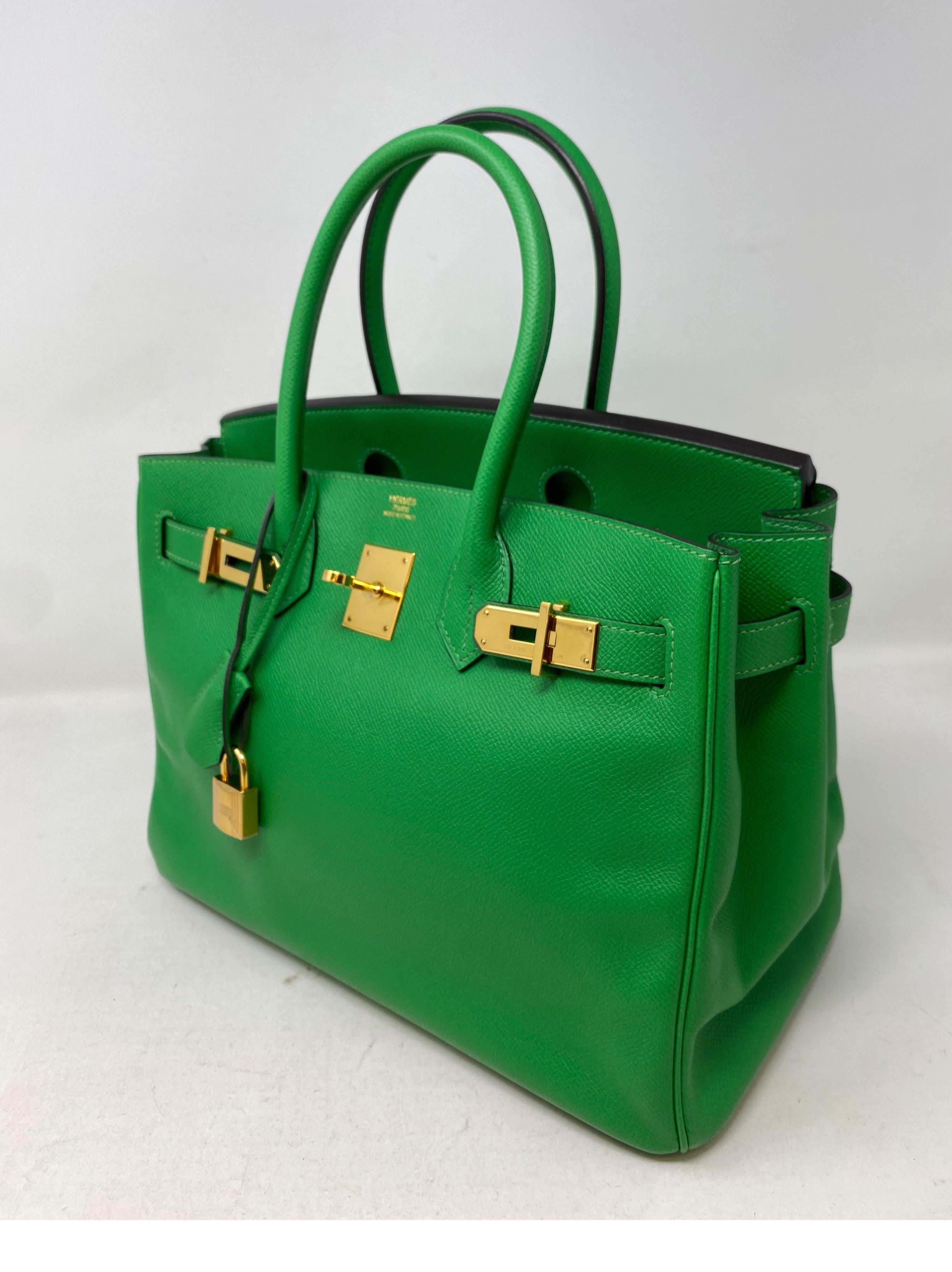 Hermes Birkin 30 Bamboo Green Bag. Rare green color with gold hardware. Collector's piece. Good condition. Includes clochette, lock, keys, and dust cover. Guaranteed authentic. 