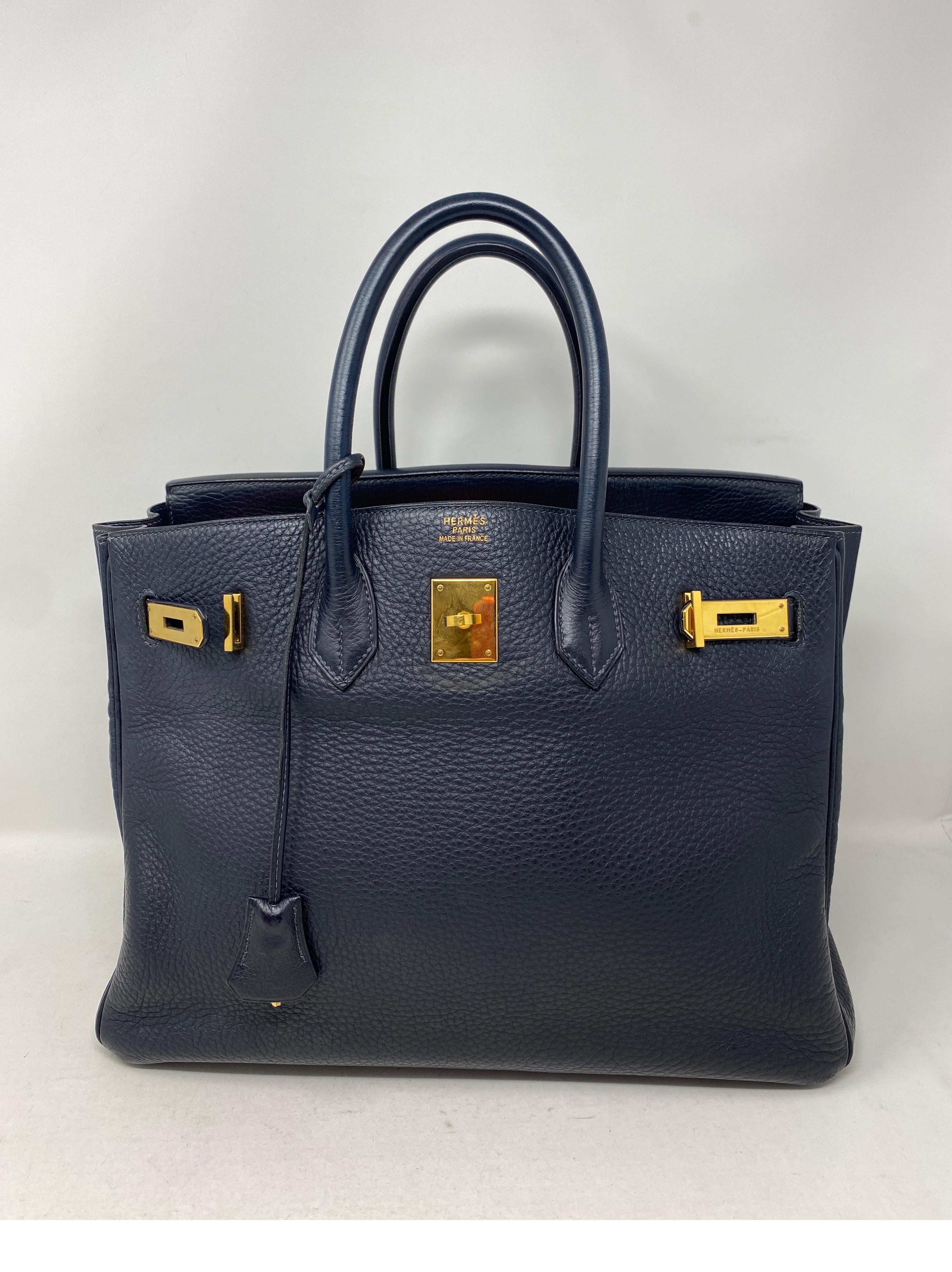 Hermes Birkin Bleu Nuit 35 Bag. Dark navy blue almost black color Birkin. Clemence leather. Gold hardware. Good condition. Slight crease on middle of bag due to storage. Will even out with wear. G square stamp. Beautiful bag. Hard to find color and