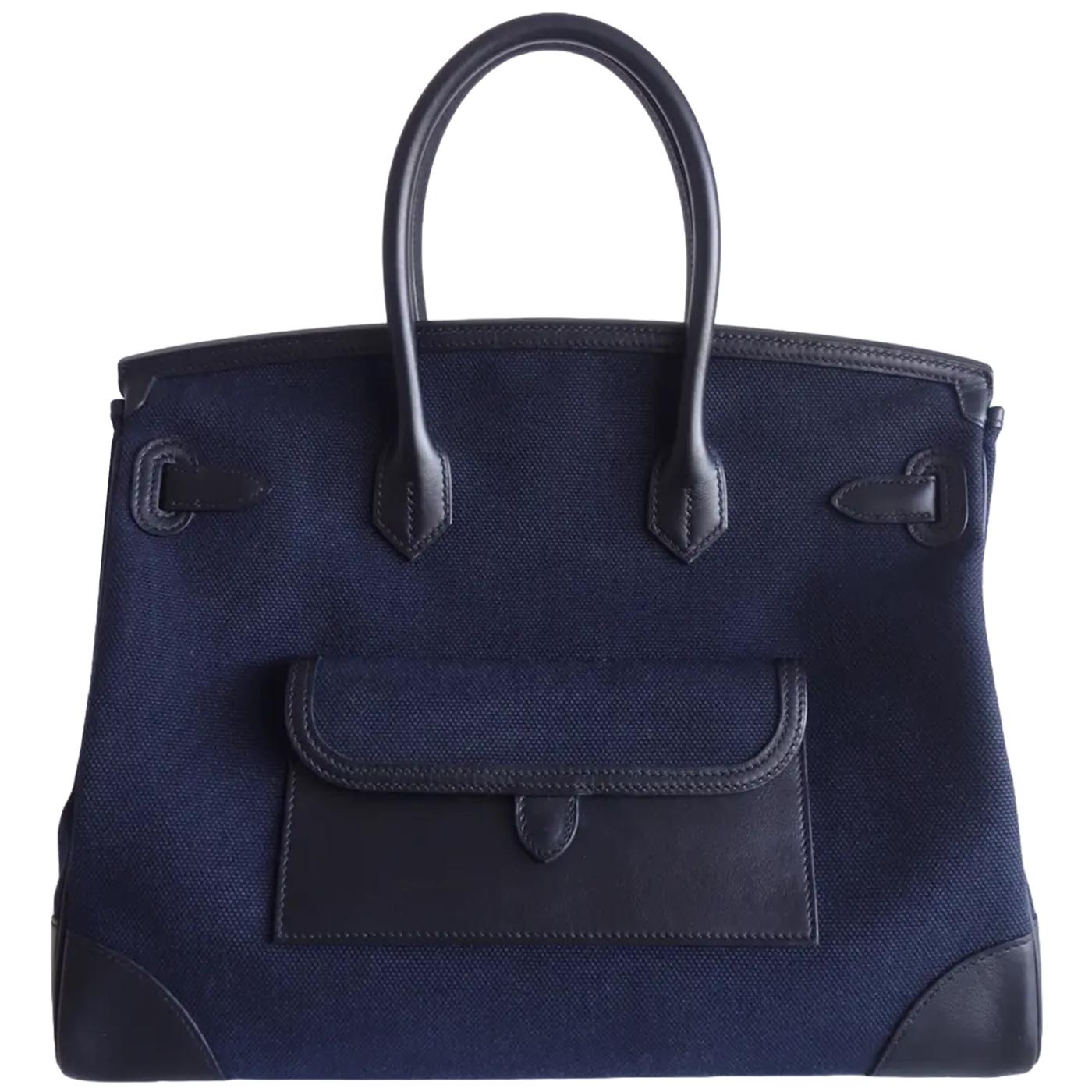 Hermes Birkin Cargo 35cm Blaues Tuch Swift Leder in Palladiumbeschlagen