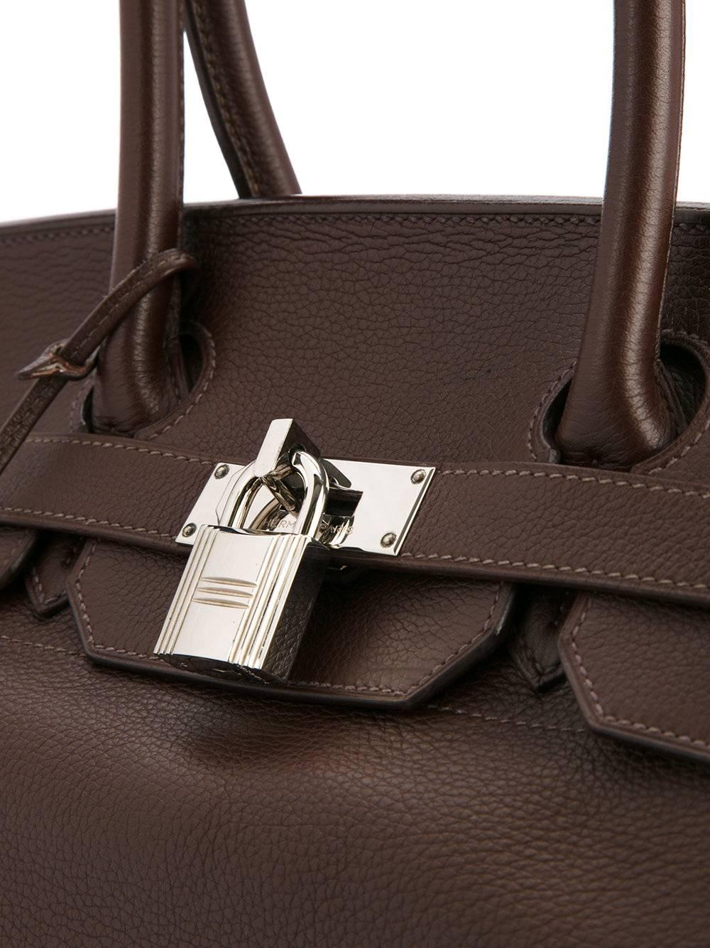 Black Hermes Birkin Chocolate Brown Leather Palladium Top Handle Satchel Flap Bag