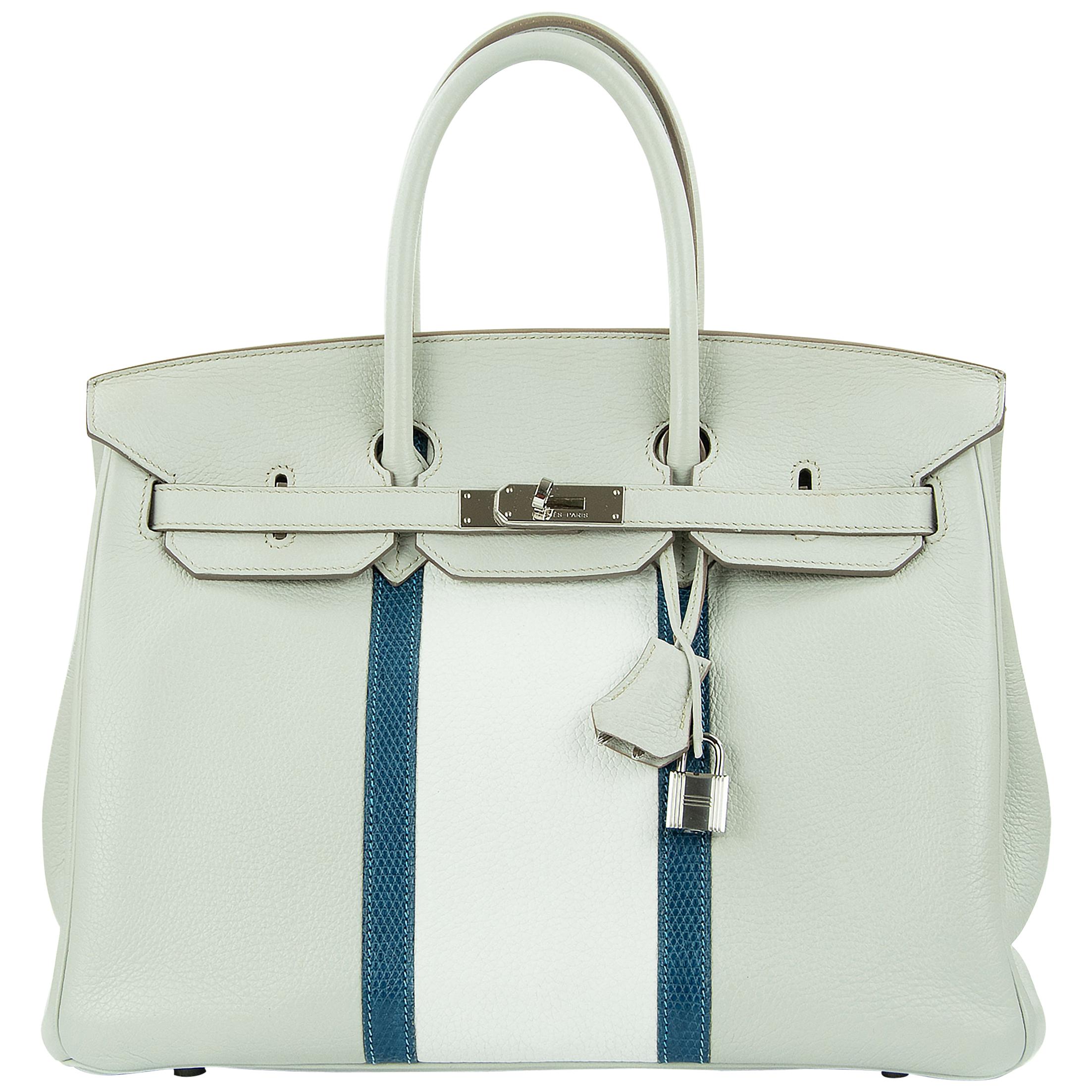 Hermes Birkin Club Bag 35cm Gris Perle Mykonos Lizard White Clemence PHW  For Sale