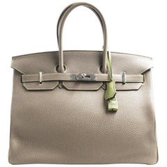 Hermès Birkin Etoupe and Green Togo 35cm Palladium Hardware Tote