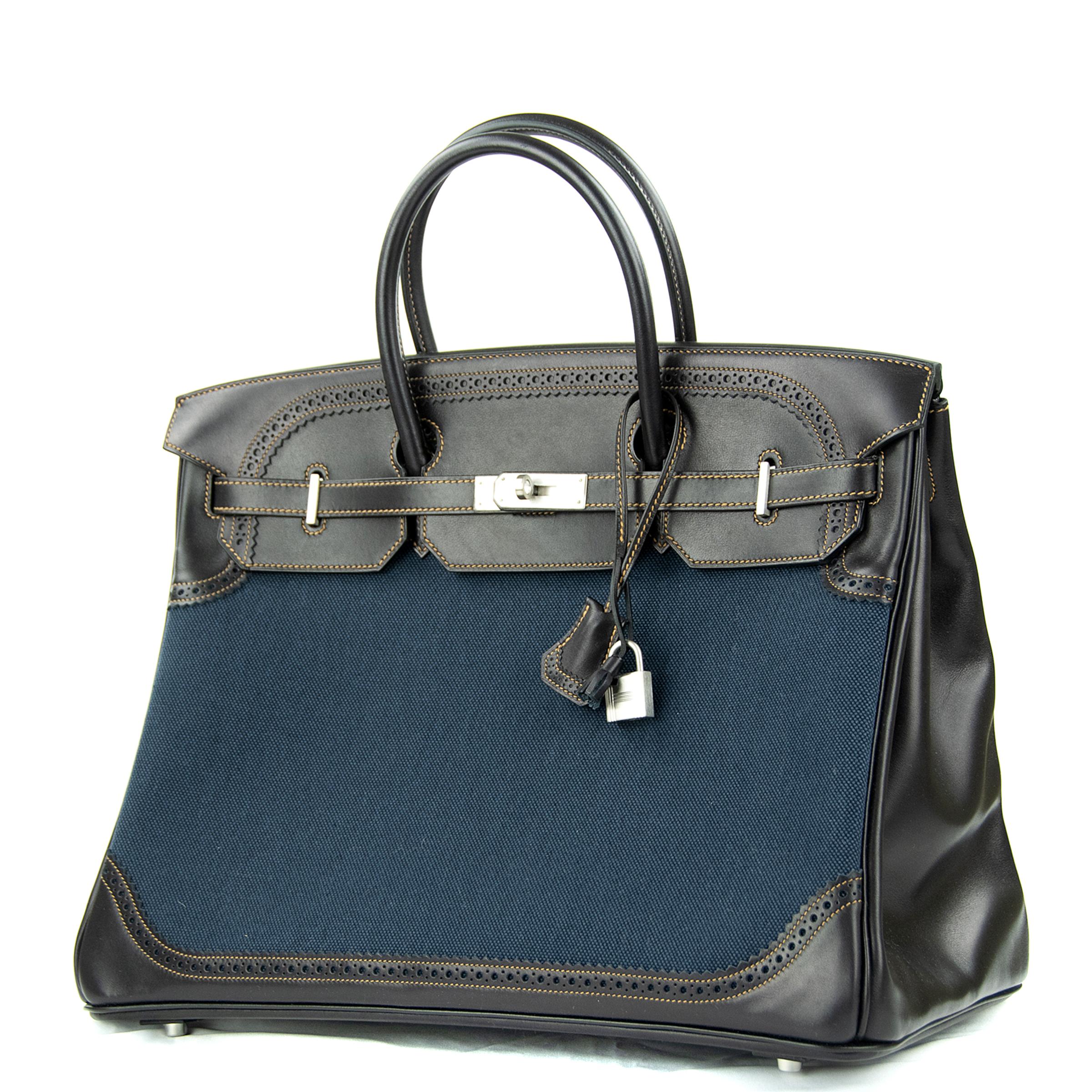 Hermes Birkin Ghillies 40cm Black Evercalf Leather & Denim PHW In New Condition In Newport, RI