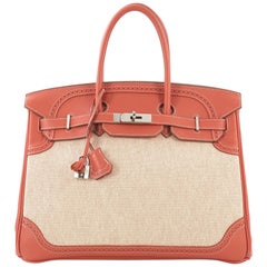 Hermes Birkin Ghillies Handbag Toile and Sanguine Swift with Palladium Hardware