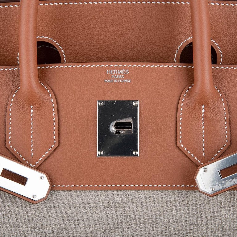Hermès 40cm Fauve Barenia Leather & Toile HAC Birkin Bag with Gold
