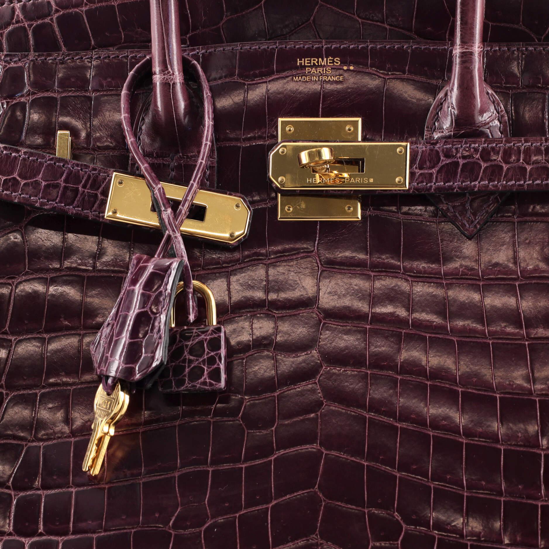 Hermes Birkin Handbag Amethyst Shiny Niloticus Crocodile with Gold Hardware 30 2