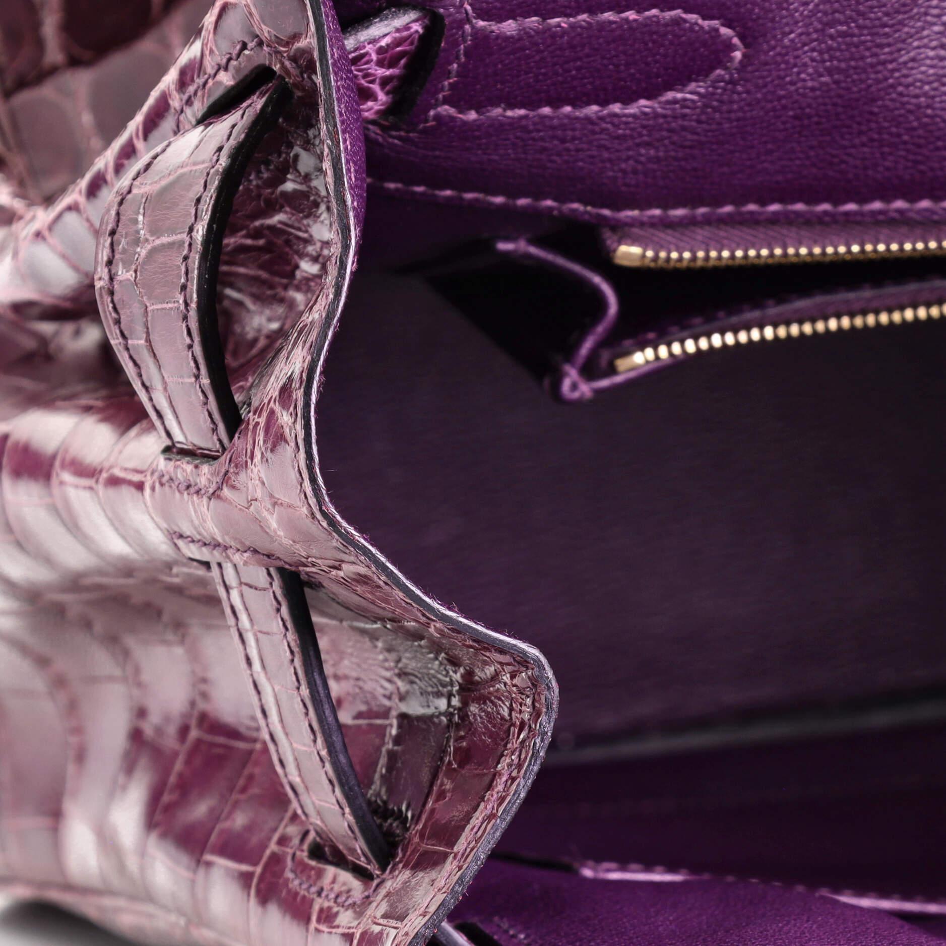 Hermes Birkin Handbag Amethyst Shiny Niloticus Crocodile with Gold Hardware 30 5