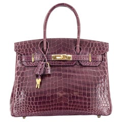 Hermes Birkin Handbag Amethyst Shiny Niloticus Crocodile with Gold Hardware 30