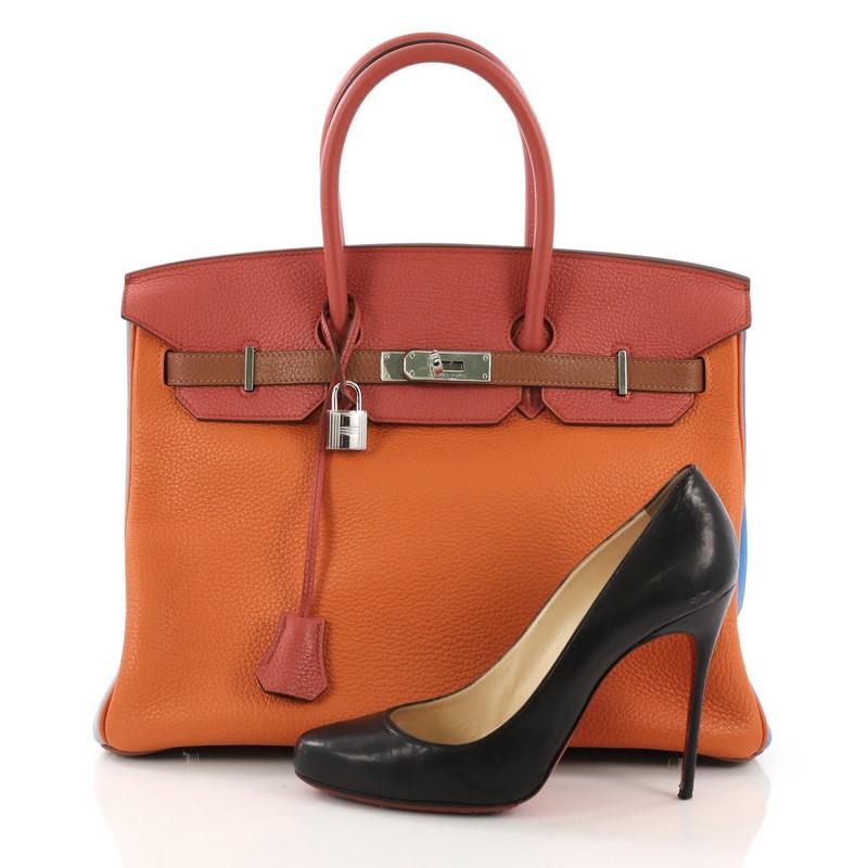 This Hermes Birkin Handbag Arlequin Clemence 35, crafted in Orange H, Etain, Sanguine, Bleu Hydra, Gold, Bleu Lin Clemence leather, features dual rolled handles, frontal flap and palladium hardware. Its turn-lock closure opens to a Gold brown Chevre