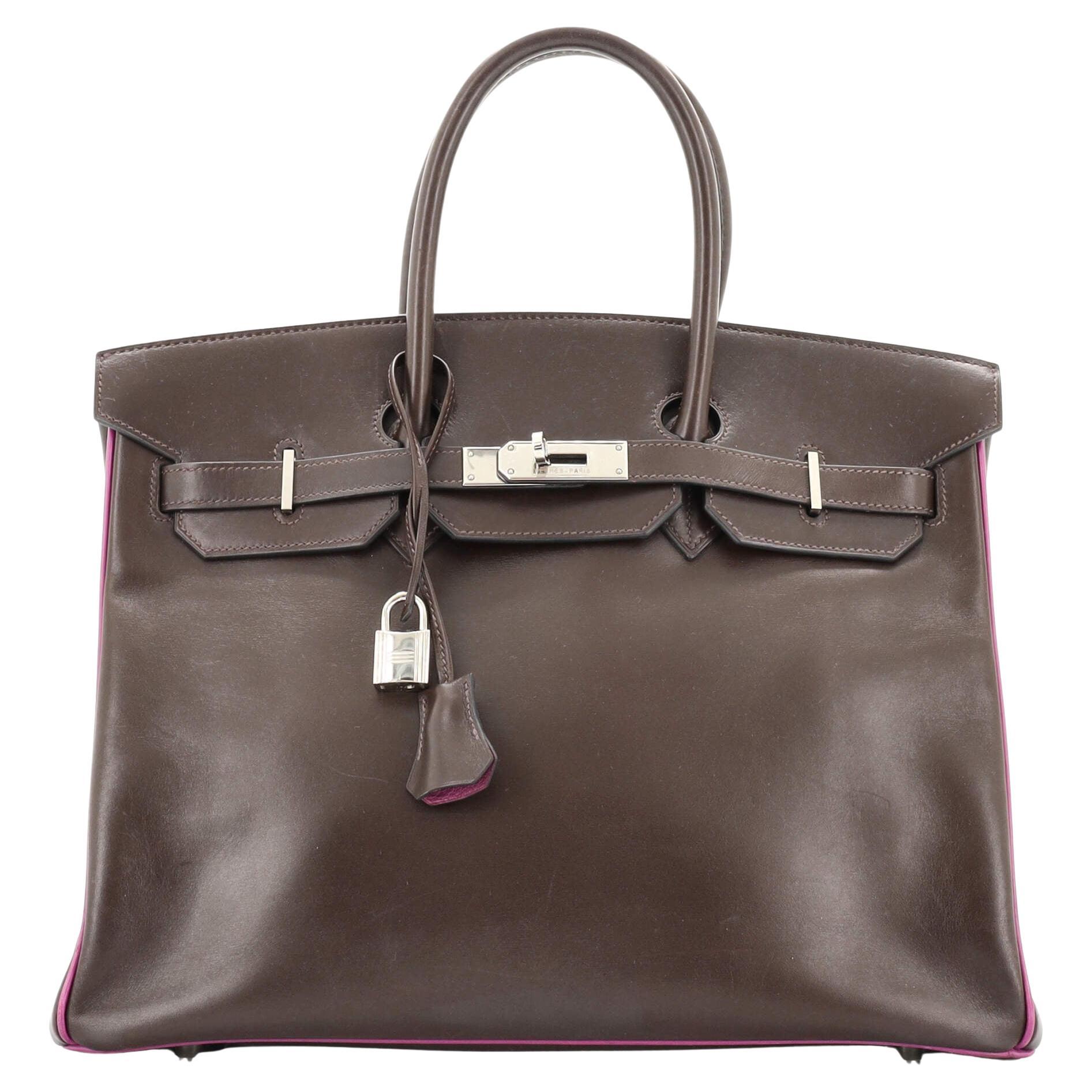 Hermes Birkin Handbag Bicolor Box Calf with Palladium Hardware 35