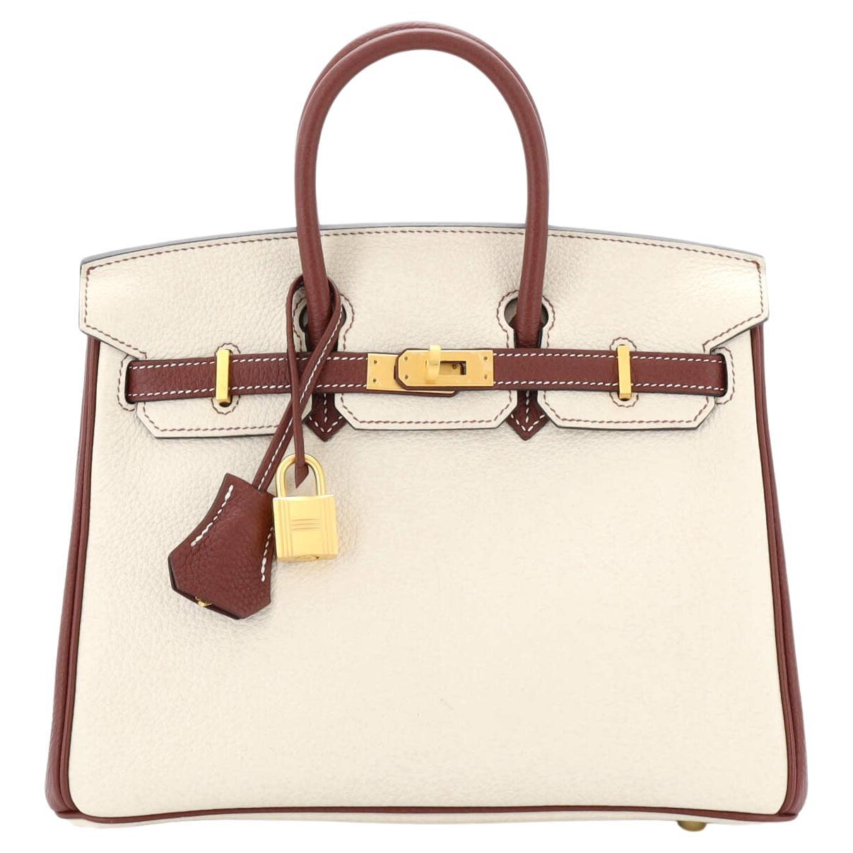 Hermes Birkin Handbag Bicolor Clemence with Brushed Gold Hardware 25 For Sale
