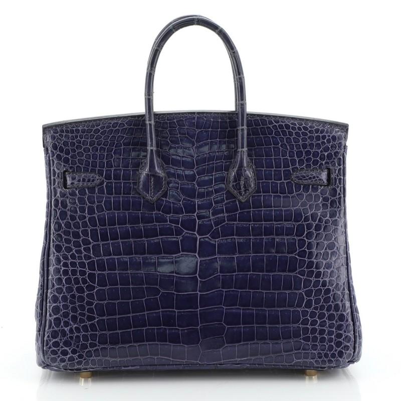 Black Hermes Birkin Handbag Bleu Abysse Shiny Porosus Crocodile with Gold Hardw