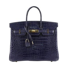 Hermes Birkin Handbag Bleu Abysse Shiny Porosus Crocodile with Gold Hardw