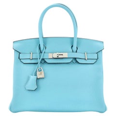 Hermes Birkin Handbag Bleu Atoll Clemence with Palladium Hardware 30