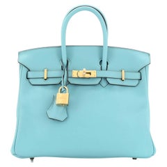 Hermes Birkin Handbag Bleu Atoll Swift with Gold Hardware 25