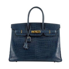 Hermes Birkin Handbag Bleu de Malte Shiny Porosus Crocodile with Gold Hardware 3