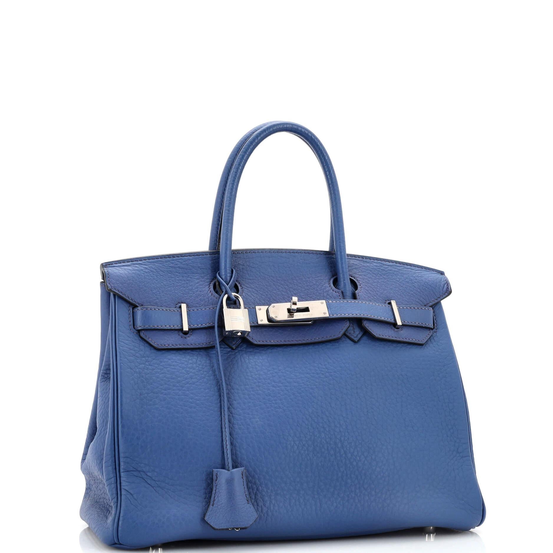 Hermes Birkin Handbag Bleu De Prusse Clemence with Palladium Hardware 30 In Fair Condition In NY, NY