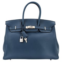Hermes Birkin Handbag Bleu De Prusse Swift with Palladium Hardware 35