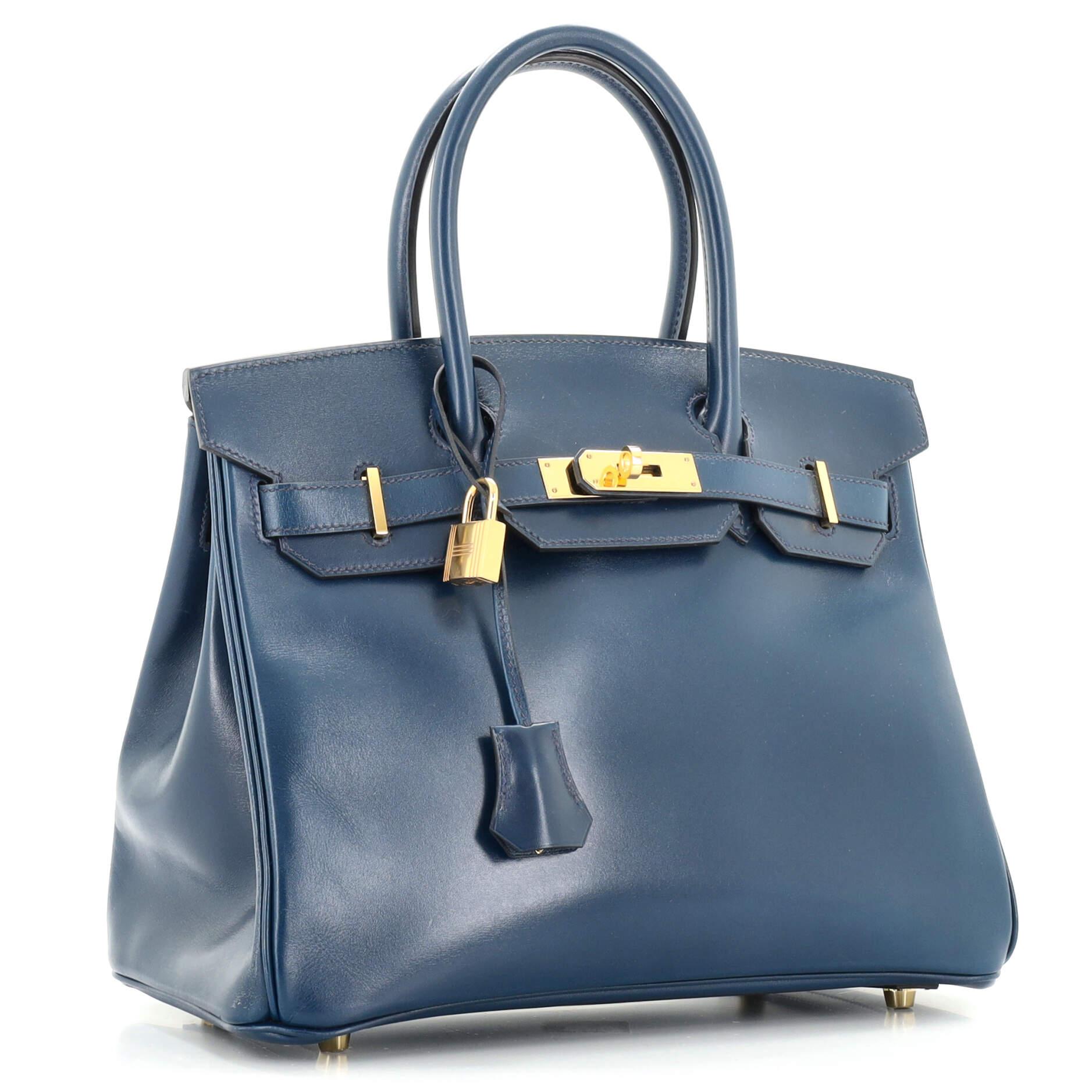 Blue Hermes Birkin Handbag Bleu De Prusse Tadelakt with Gold Hardware 30