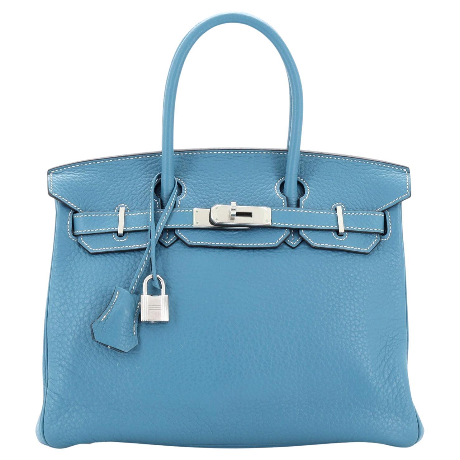 Hermes Birkin Handbag Bleu Jean Clemence with Palladium Hardware 30 For Sale