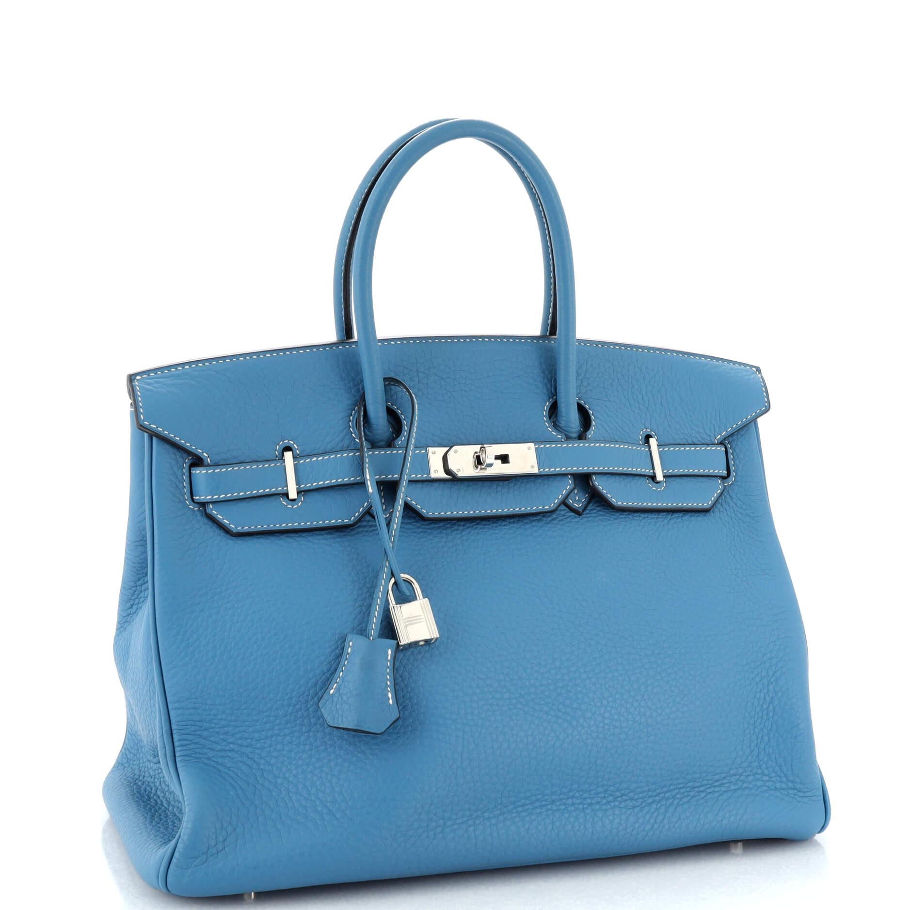 Hermes Birkin Handbag Bleu Jean Clemence with Palladium Hardware 35 In Good Condition In NY, NY