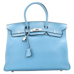 Hermes Birkin Handbag Bleu Jean Clemence with Palladium Hardware 35
