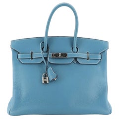 Hermes Birkin Handbag Bleu Jean Clemence with Palladium Hardware 35