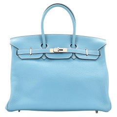 Hermes Birkin Handbag Bleu Jean Clemence with Palladium Hardware 35