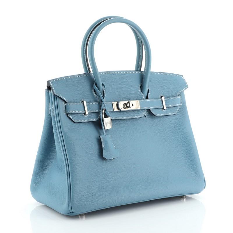 Blue Hermes Birkin Handbag Bleu Jean Epsom with Palladium Hardware 30