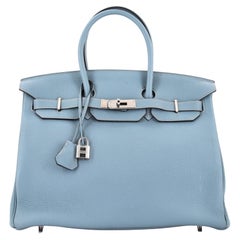 Sac à main Hermès Birkin Bleu Lin Togo avec finitions métalliques en palladium 35